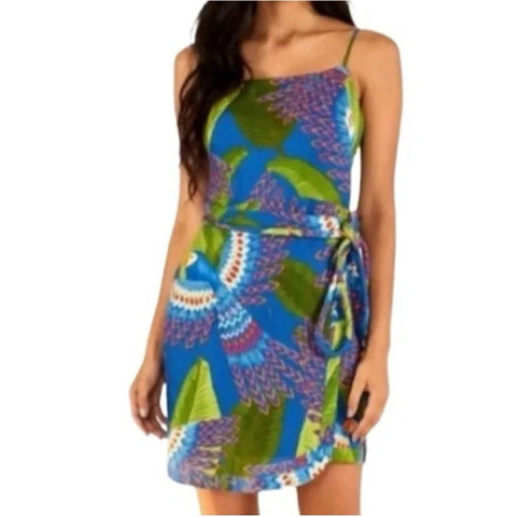 FARM RIO Mini Wrap Dress Small Blue Macaw Print 100% Linen NWT Colorful Tropical - Picture 3 of 8